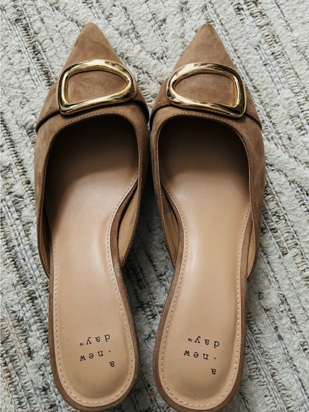 a new day Tan Suede Pointed Toe Mules with Gold Buckle